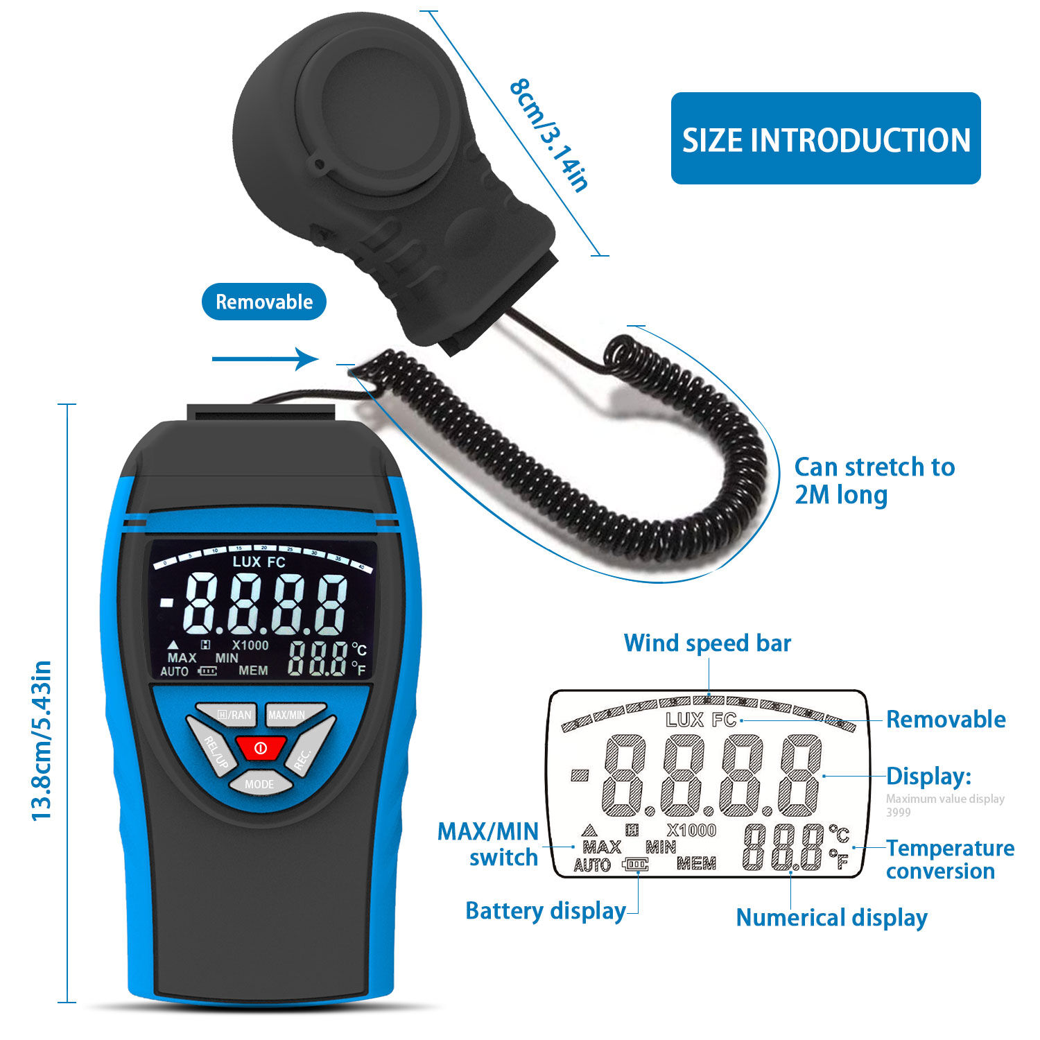 AP-8801A Luxmetre Numerique 0.1~400,000Lux Affichage D'écran