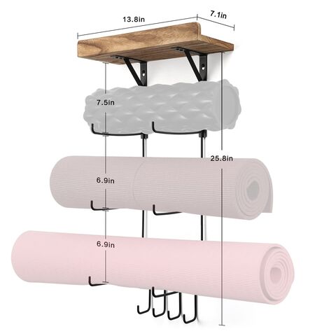 Support mural pour tapis de yoga - Accessoires de gym à domicile avec  étagères flottantes en bois et 4 crochets pour accrocher un rouleau en  mousse et