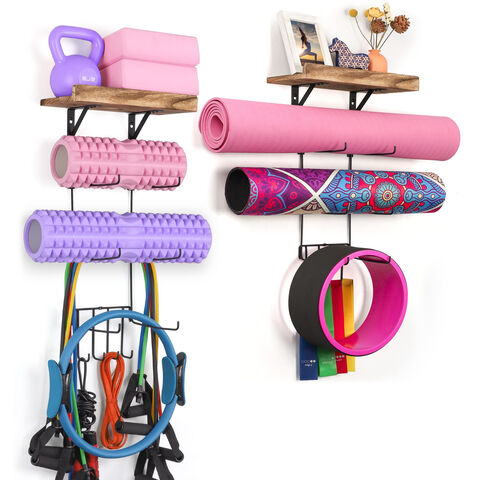 Support mural pour tapis de yoga - Accessoires de gym à domicile avec  étagères flottantes en bois et 4 crochets pour accrocher un rouleau en  mousse et