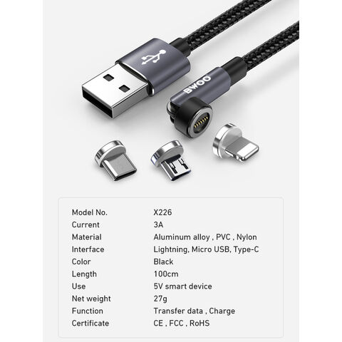 Câble magnétique rotatif USB A vers USB-C/Micro-B