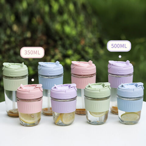 Customized 350ml 12oz Double Drinking Milk Glass Water Cup Coffee Mug With Lid Straw
