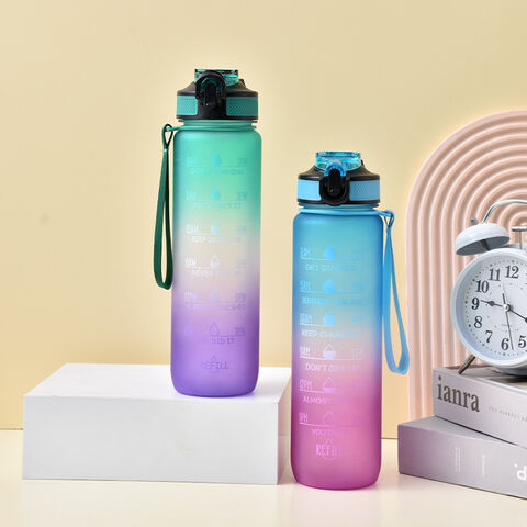 Plastic Space Cup 1000ML Large-Capacity Transparent Frosted Water Cup  Copper Lid Water Bottle With Time Marker Drinking Bottle