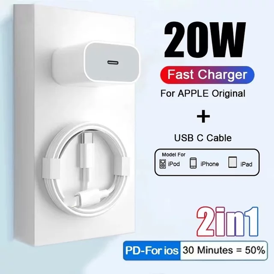 Chargeur Secteur USB-C 20W + Câble Apple iPhone et iPad d'Origine