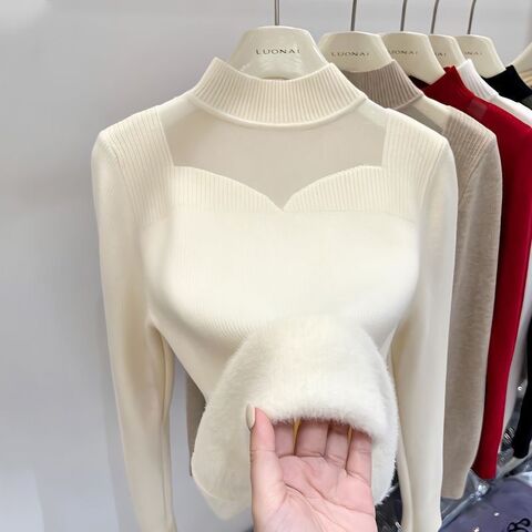 Comprar Otoño Invierno suéter de algodón tejido vestidos mujeres cuello  alto jersey vestido de punto femenino