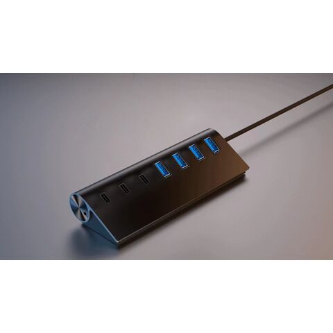 7-Port USB 3.0 Hub Typ C, fünf USB 3.0 Datenports und zwei DC 5V/4A Ladeports, kompatibel mit Windows/macOS/Linux
