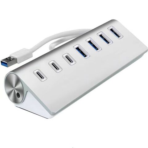 7-Port USB 3.0 Hub Typ C, fünf USB 3.0 Datenports und zwei DC 5V/4A Ladeports, kompatibel mit Windows/macOS/Linux