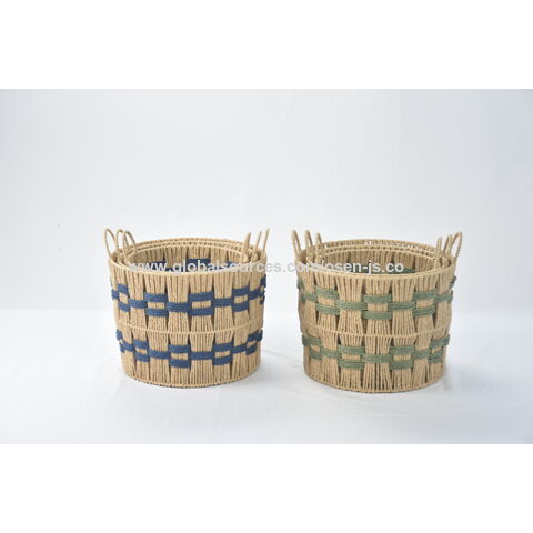 2 cestas de almacenamiento de mimbre con mango de madera para organizar,  cesta de cuerda de papel reciclable, cesta decorativa tejida a mano para