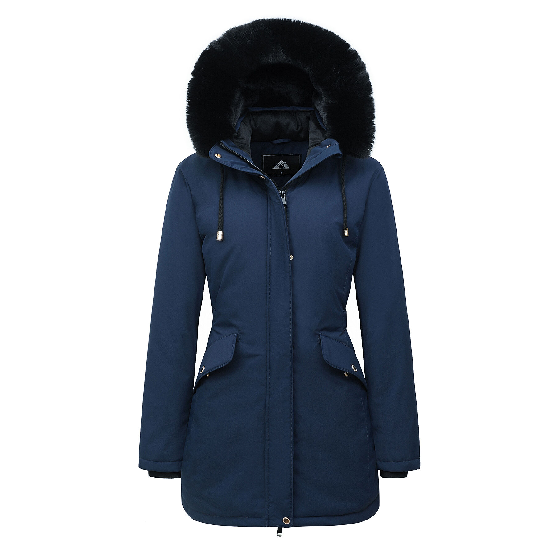 Navy blue winter coat with fur hood online