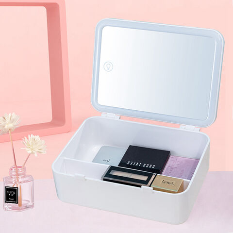 Caja organizadora de maquillaje con espejo de luz LED, organizador de cosméticos de viaje portátil, funda de maquillaje con almacenamiento de luz táctil