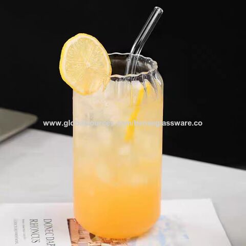 375ml Simple Stripe Glass Cup With Lid And Straw Transparent Bubble Tea Cup  Juic