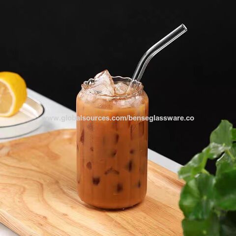 375ml Simple Stripe Glass Cup With Lid And Straw Transparent Bubble Tea Cup  Juic