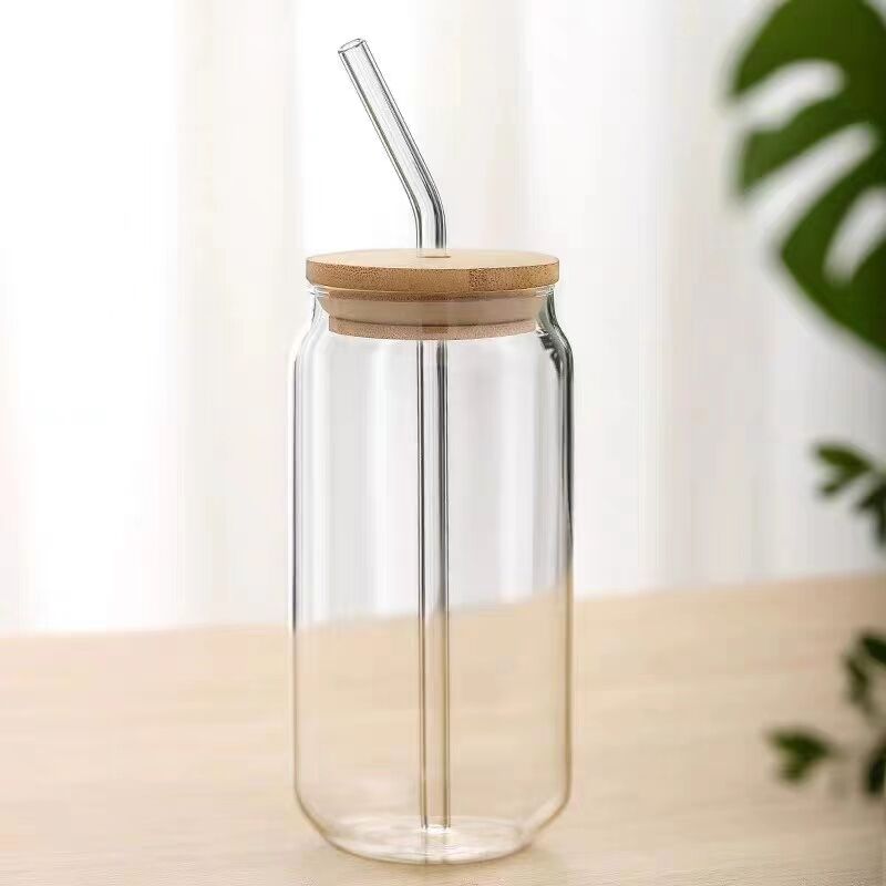 350ML Square Glass Cup with Bamboo Lid & Straw Heat Resistant Milk Coffee  Mug Wine Juice