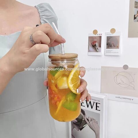 Drinking Glass With Bamboo Lid And Straw, Can Shaped Water Cup
