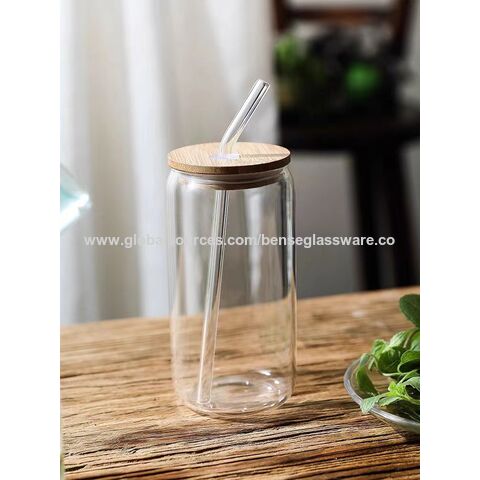 550ml Glass Cup with Bamboo Lids and Straws, Wide Mouth Clear Drinking Glass  Bottle, Old Fashioned Decorative Tumbler Cups for Kids and Adults 