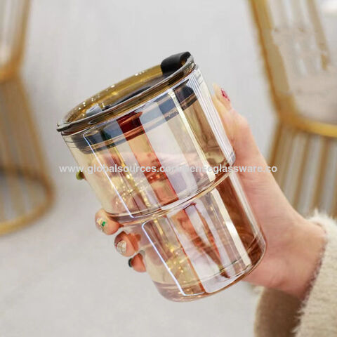 350ml 400ml Coloured Glass Cup Amber Grey Portable Iced Coffee Tumbler Cup  with Plastic Lid and