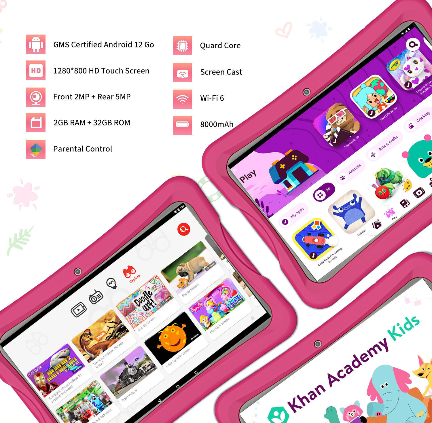 Tablette Enfants Android 12 GMS, Tablette Tactile 8 Pouces, 4Go  RAM+64Go/128Go ROM, Contrôle Parental Kids Tablette Pas Cher, Jeux  Éducatifs, Dual