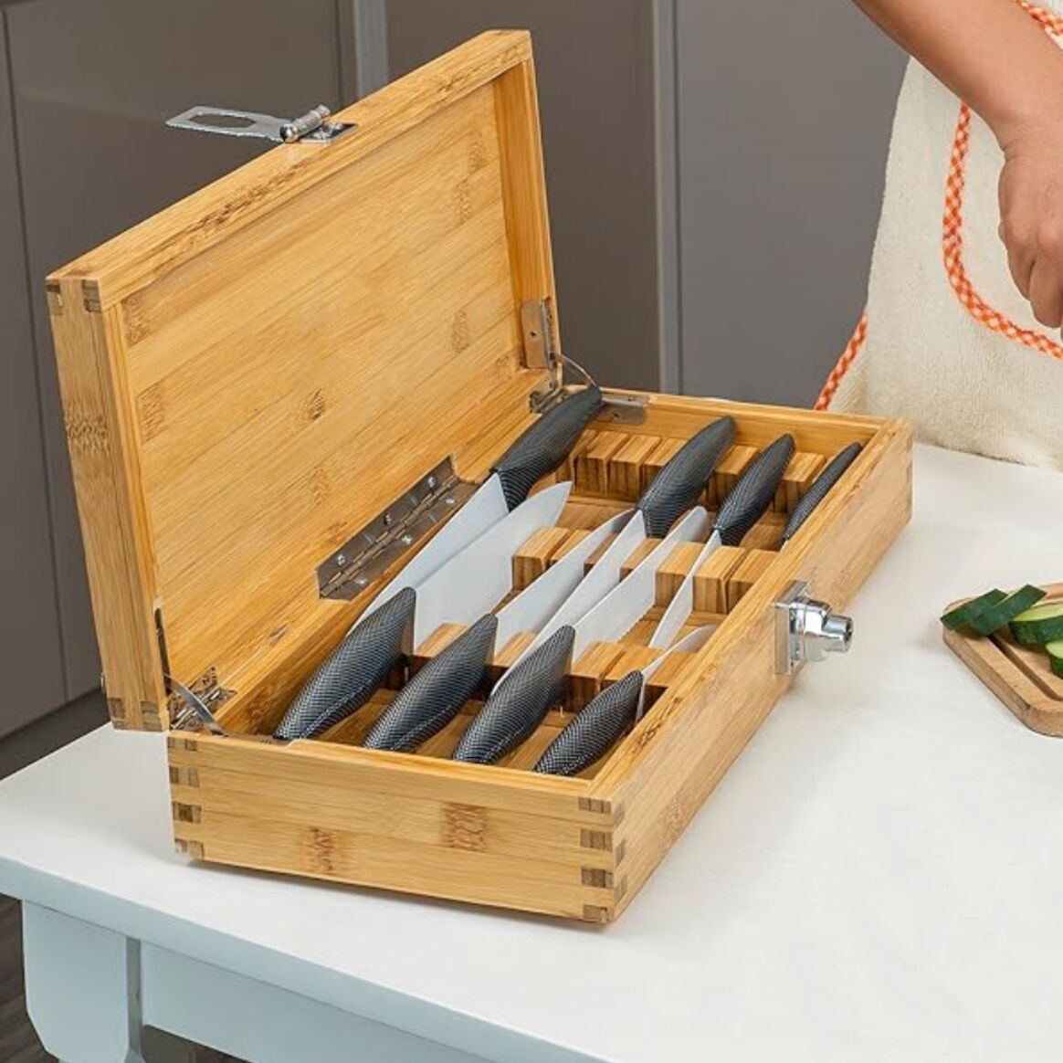 Secure Knife Box Bamboo Kitchen Knife Storage Box With Lock Drawer Knife Organizer Stash ...