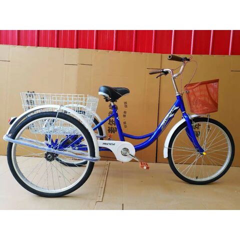 Triciclo para Adultos de 1 Velocidad y 3 Ruedas Bicicleta de Bicicleta Azul  Triciclo de 24 '' con Canasta Grande para Montar