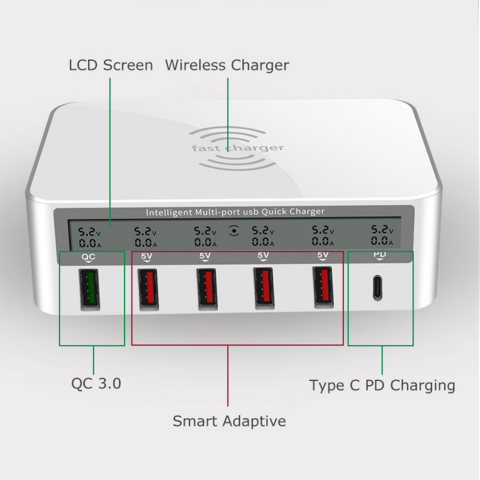 Carregador de parede USB de 6 portas, estação de carregamento de mesa Quick Charge 2.1 para telefones, tablets, smartphones