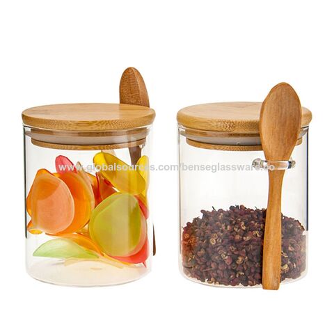 Square Glass Jars With Lids Wholesale With Bamboo Lid and Spoon