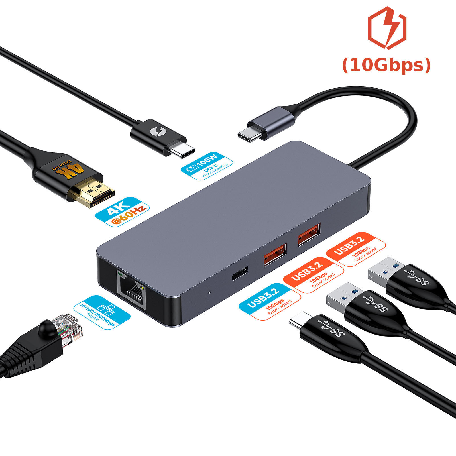 USB C 10Gbps Hub 4-in-1 SuperSpeed USB 10Gbps Type C Multiport Adapter with  3 USB C 1 USB 3.2 Gen2 10Gbps,PD100W USB C Dock