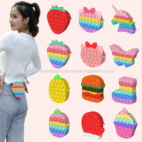 Bolso de hombro de descompresión con burbujas de silicona de dibujos animados, bolso cruzado de fresa y piña, bolso para teléfono móvil