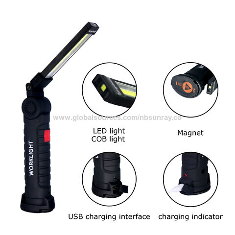 Lampara Linterna de Taller LED recargable USB con rotación 360°, Iman y 5  modos de luz