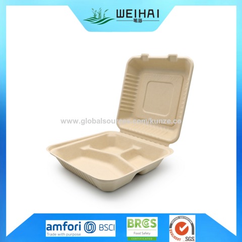 Caja de embalaje de bagazo de tres compartimentos - Caja de almuerzo de  bagazo de tres compartimentos, caja de comida desechable de caña de azúcar  de tres compartimentos