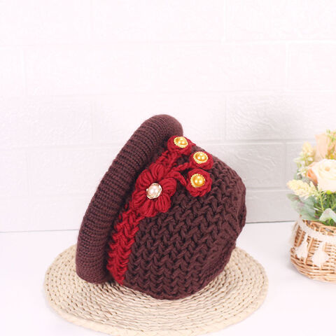 Women Flower Knitted Woven Supper Warm Thick Winter Artificial Wool Hat