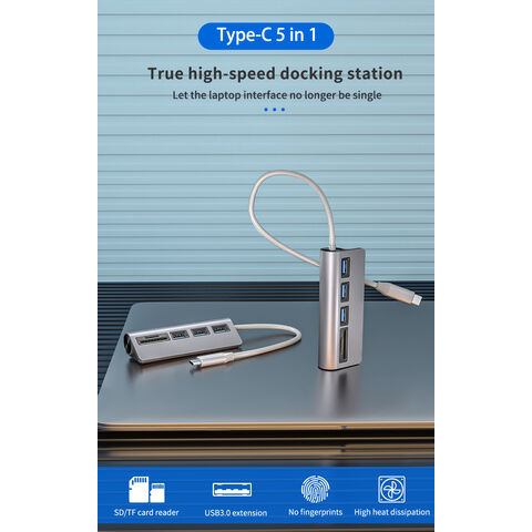 Hub USB de alumínio com 5 portas, leitor de cartão SD TF e docking station USB para HDMI