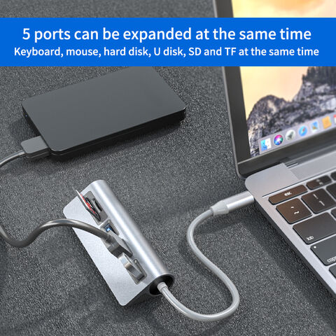 Hub USB de alumínio com 5 portas, leitor de cartão SD TF e docking station USB para HDMI