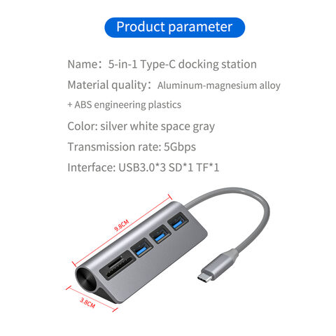 Hub USB de alumínio com 5 portas, leitor de cartão SD TF e docking station USB para HDMI