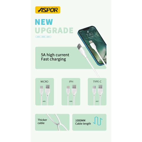 Cable de Datos USB a Micro ASPOR A095 1M 3A 5A Carga Rápida PD para Teléfono Móvil Blanco