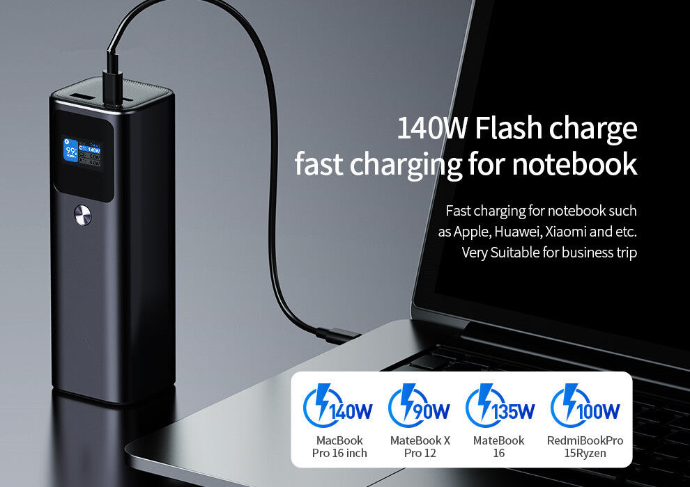 Usb Type C Pd3.1 140w Power Bank Tft Smart Display 3 Ports Outdoor