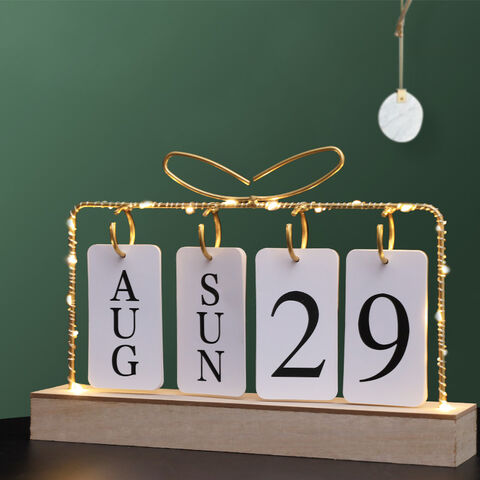 Calendario de Escritorio Metálico y de Madera Maciza para Decoración de Oficina en Casa de Uso Permanente con Arena de Madera para Decoración