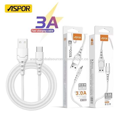 Câble Aspor A100 3a Type C Charge rapide Type C 3a Téléphone Portable PC Ordinateur Portable Vente en gros Câbles de données USB