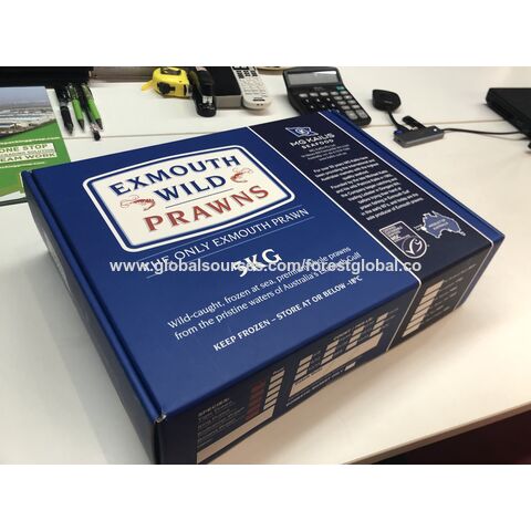 Caja de envío azul corrugado personalizado al por mayor, cajas de embalaje de alimentos congelados para mariscos, caja de embalaje de camarón congelado