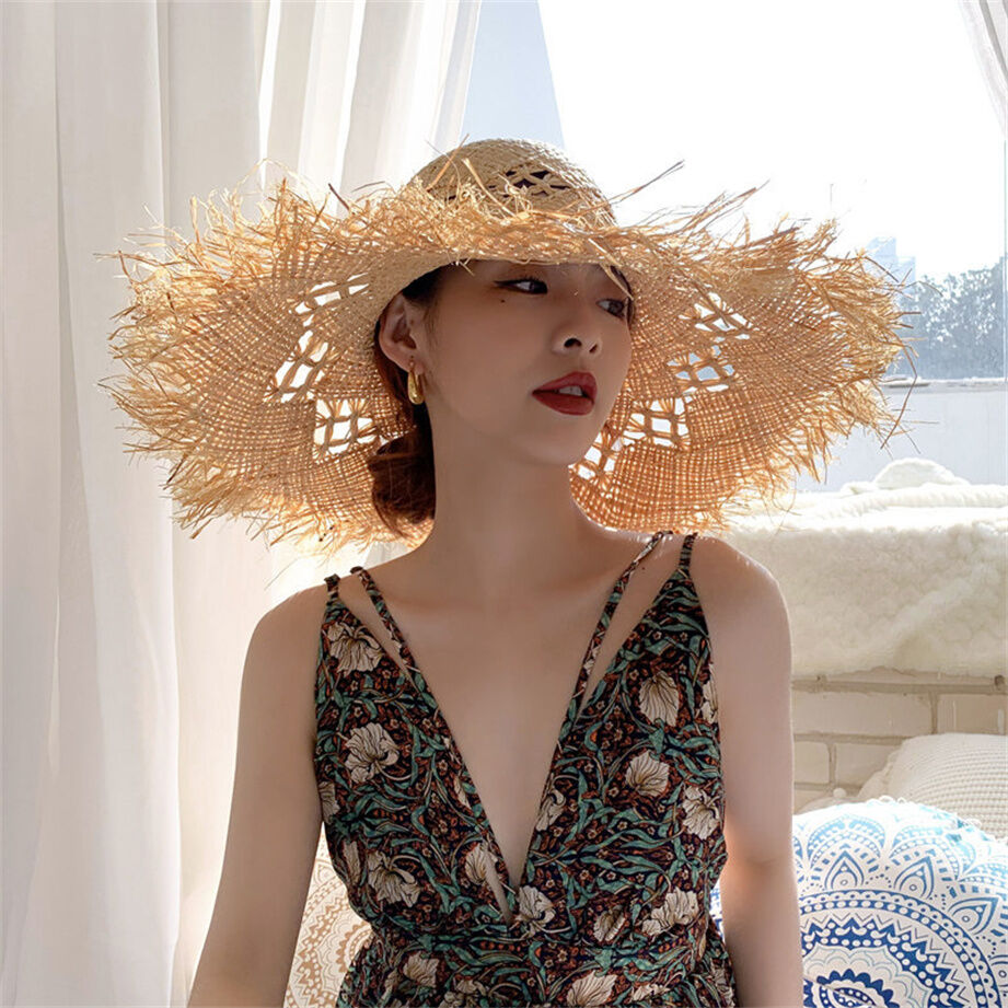 Natural Large Wide Brim Raffia Straw Hats Woven Fashion Fringe Beach Cap Summer Hollow Out Big 7941