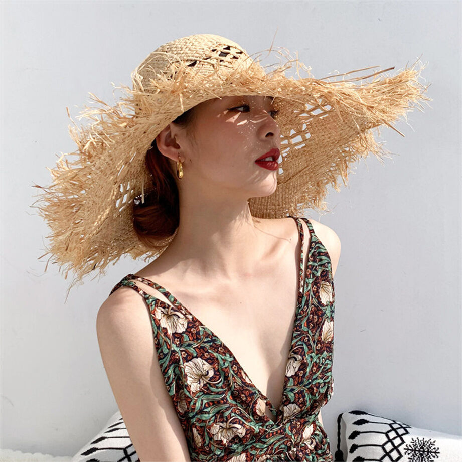 Natural Large Wide Brim Raffia Straw Hats Woven Fashion Fringe Beach Cap Summer Hollow Out Big 6335