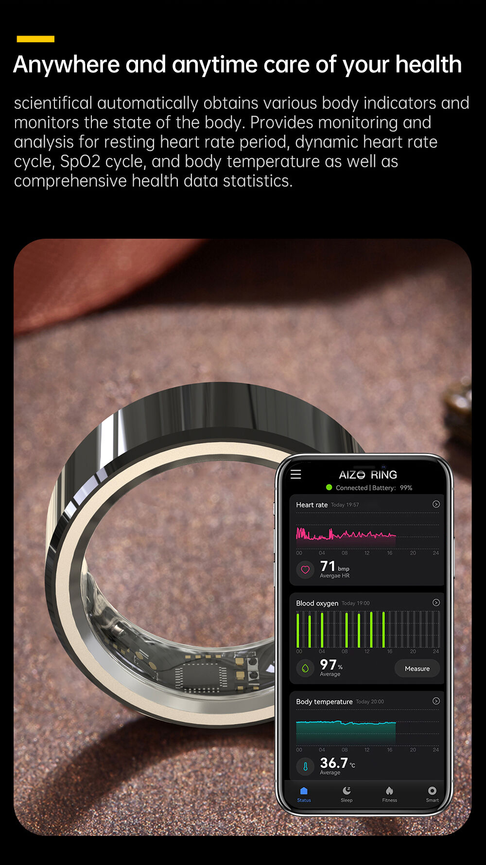O2 Heart Rate Ring 5atm Waterproof Fashion Health Smart Ring With Heart Rate, Blood Oxygen ...
