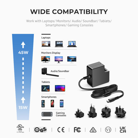 Adaptador de corriente CA/CC USB-C PD tipo C de 45 W máx. 20 V 2,25 A para ordenador industrial y mini PC