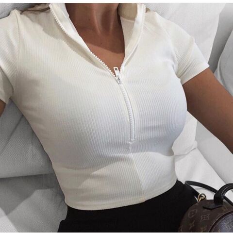 Womens Zipper Sexy V Neck T Shirt Blouse Ladies Long Sleeve Slim Fit Crop  Tops 