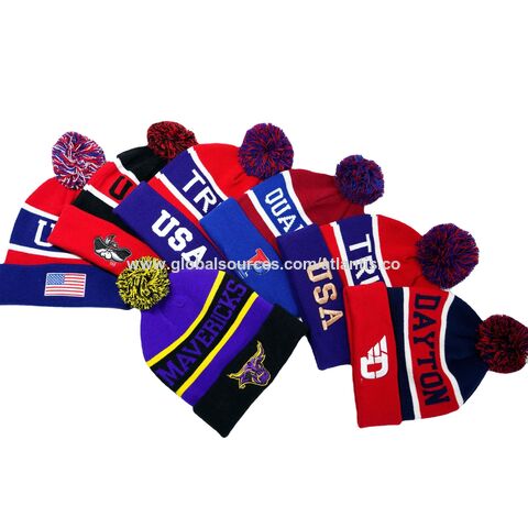 Male Multi-colored Color Warm Toque Embroidery Logo Beanie Pom Pom Cuffled Knitted Winter Hat