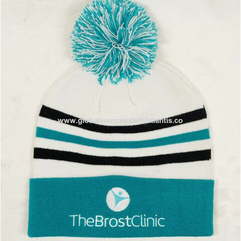 Male Multi-colored Color Warm Toque Embroidery Logo Beanie Pom Pom Cuffled Knitted Winter Hat