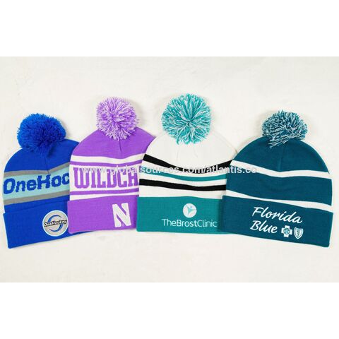 Male Multi-colored Color Warm Toque Embroidery Logo Beanie Pom Pom Cuffled Knitted Winter Hat