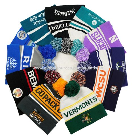 Male Multi-colored Color Warm Toque Embroidery Logo Beanie Pom Pom Cuffled Knitted Winter Hat