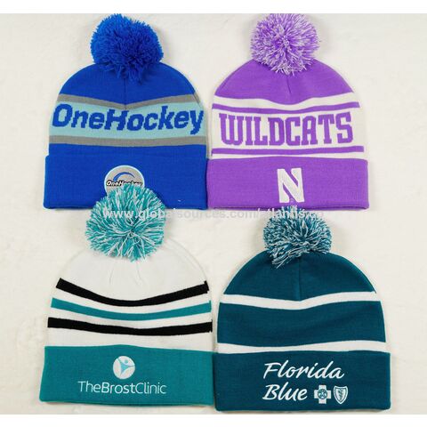 Jacquard knit pom beanie with embroidery sports team logo pom beanie 100% acrylic embroidery logo beanie hat with pom