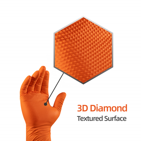 Guantes de seguridad industriales para mecánicos, de nitrilo, naranja y negro, de alta resistencia (6 mil), con agarre micro-texturizado para automoción.