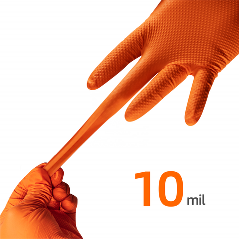 Guantes de seguridad industriales para mecánicos, de nitrilo, naranja y negro, de alta resistencia (6 mil), con agarre micro-texturizado para automoción.
