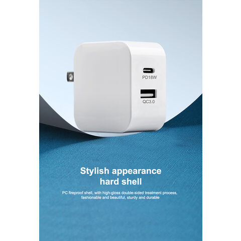 شاحن عالمي أبيض PD 18W QC3.0 بمنفذين PD من النوع C مزدوج USB C للشحن السريع للهواتف المحمولة
